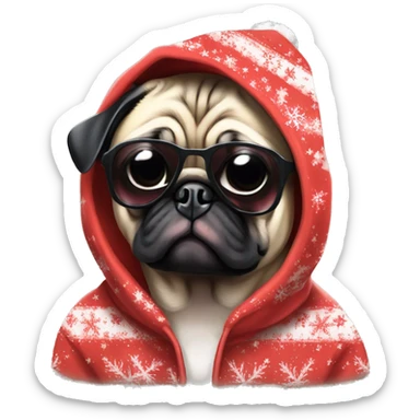 Pug christmas anime wearing hoodie and shades cool sticker