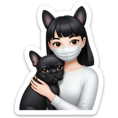 girl with short black straight bangs hair wearing a white mask and hugging a black French bulldog sticker