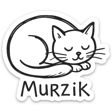 hand-drawn black outline icon of a cat named Murzik, curled up and sleeping sticker