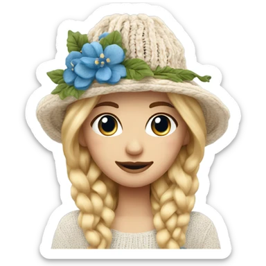 beautiful finnish golden hair woman with blue eyes knitting floral hat sticker