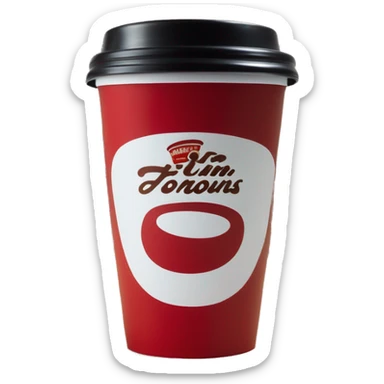 “Red Tim Hortons coffee cup with large white ‘Tim Hortons’ logo in script, black plastic lid, and a simple, clean design.” sticker