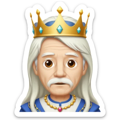 old man with long white hair and no moustache wearing a white shirt and a crown sticker