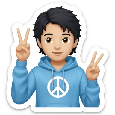 An indian boy in a light blue hoodie with wavy flow hairstyle showing peace sign, with black hair color sticker