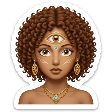 Sexy brown eyes, brown curly hair, white ethnicity with tattoo mystic vibe, third eye  sticker