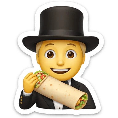 Generic classic yellow basic emoji face with a black top hat eating a burrito sticker