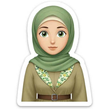 Turkish beautiful finish Konya girl blue eyes and green khaki hijab and light green floral dress and she go out on office sticker