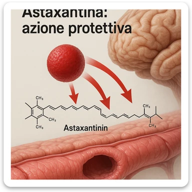 hyper realistic red astaxanthin molecule crossing an anatomical blood-brain barrier, scientific atmosphere, light background, red arrows, with text 'Astaxantina: azione protettiva' sticker