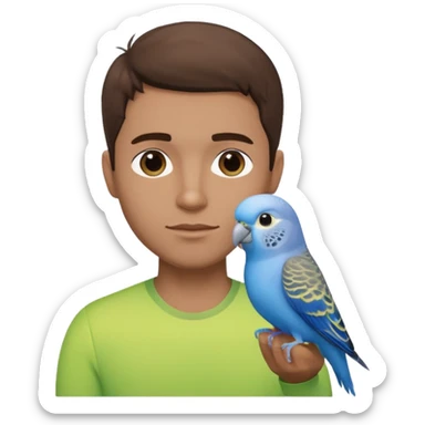 blue budgie parakeet with handsome Cuban brown haired man no beard sticker