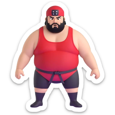 Extreme close-up of face of morbidly obese white skin guy with young face, prominent BLACK DURAG tied clearly on head, black beard but no mustache, clean shaven upper lip, black eyes in a red and black wrestling singlet with angry expression sticker