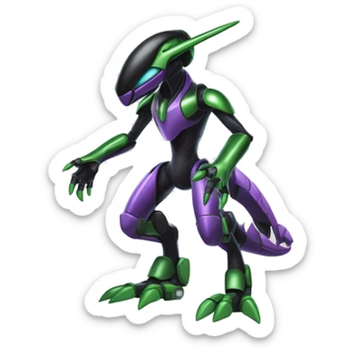 a shiny black-green-purple Genesect-Flygon-Raptor-Fakémon-Medabot-hybrid with a futuristic visor-helmet full body sticker