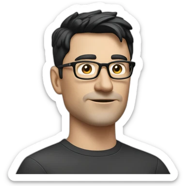 Middle age lean white man with black hair & glasses wearing Tesla T-shirt inside left drive Black Tesla Model 3 sticker