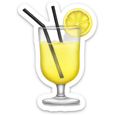short clear drink glass with clear yellow bubbly liquid in it with a lemon garnish on the rim and black straw sticker