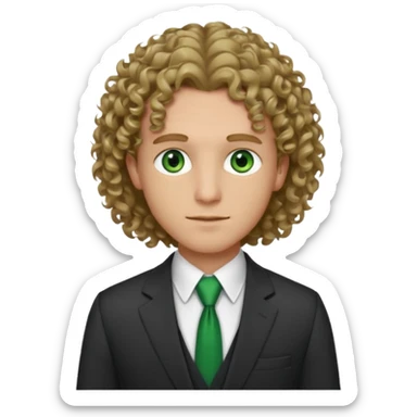 Male, wearing a suit. fair complexion, green eyes, shoulder length dark blonde curly hair, bar slinger sticker