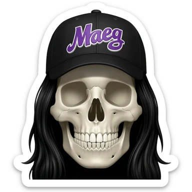 Create a skeleton head wearing a black baseball cap that says " Maeg " in purple, and white lettering, with long black hair sticker
