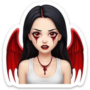 White woman with a white tank top long black hair glossy middle part long hair vamp look with fangs or blood dripping down lips brown eyes eyeliner winged with lashes top and bottom white border sticker