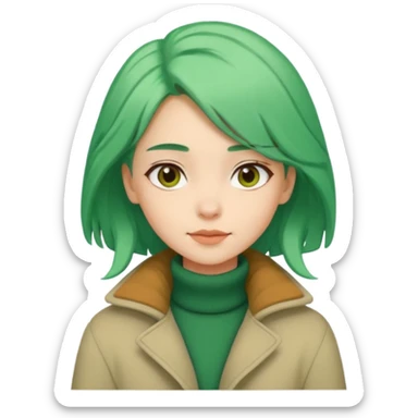Girl with green hair wearing warm winter coat with a relaxed posture and friendly face sticker