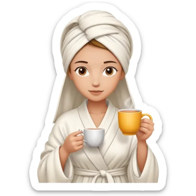 girl hair wrapped in towel wearing robe holding tea with hands sticker
