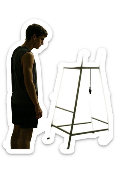 cinematic a person stands alone on a running track or in a fitness studio, glancing toward an empty coach’s chair or whistle hanging on a hook. The absence of the coach is emphasized by a faint, transparent silhouette or shadow where the coach should be. The atmosphere is quiet and a bit disheartened. in italiano sticker