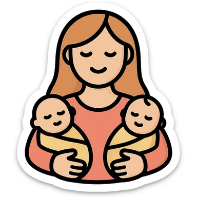 mother holding two babies in her arms, expressive detailed vector illustration, simple lines, shadows and highlights, soft beige palette, elegant gentle warm, clear facial features, smooth hair, warm loving expression sticker