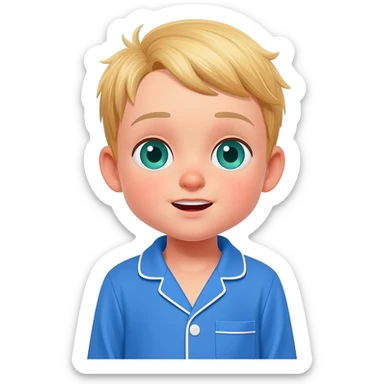Create an emoji of the same blonde 3 year old as the first one you did. happy boy with blue-greenish eyes with blue pajamas on saying a bible verse sticker