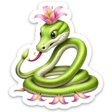 A cute, friendly, fluffy, light green and white snake
with a pink lily flower on its head
(no sting) sticker