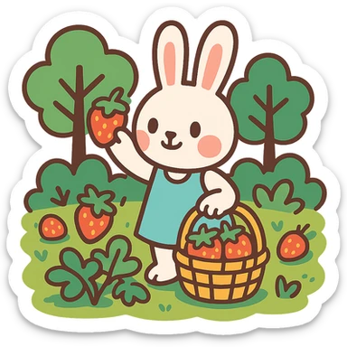 bunny picking strawberries in the woods, sweet pastel red, vibrant-toon style sticker