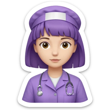 A young female slim nurse with short Brown hair with fringe over her forehead, wearing larvendar purple working cloth, show her hair style without any head wear sticker