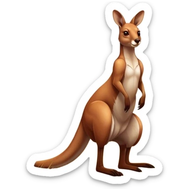 Cinematic-realistic Australian kangaroo, standing tall with powerful hind legs and a muscular tail for balance. Its reddish-brown fur glows under the golden sunlight, ears perked and eyes alert. The rugged outback stretches behind it, with dry grass and scattered eucalyptus trees completing the iconic scene. sticker
