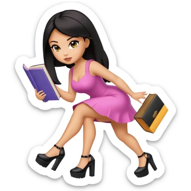 Bimbo walking, platform heels, mini dress, black hair, picking up book from ground, hot, curvey, bratz sticker
