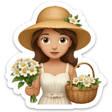 summer beautiful wicker hat, beach beige bag and bouquet of white flowers and girl in Italy white dress sticker