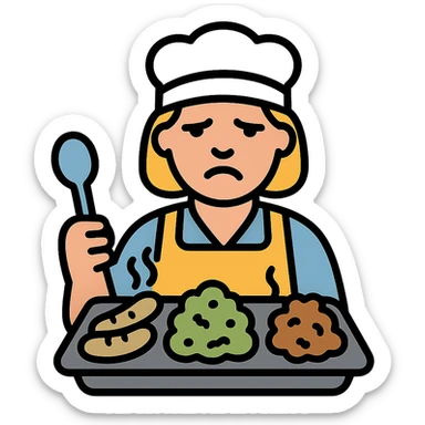 lunch lady serving unappetizing, gross cafeteria food icon with color and black outlines sticker