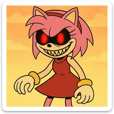 Amy Rose from Sonic in horror cartoon style, bright pink hair, glowing red eyes, sinister grin, bright and vivid background, not dark sticker