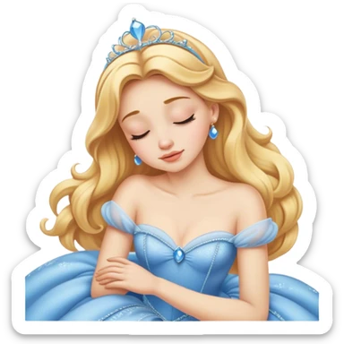 Cinematic Realistic Sleeping Cinderella Portrait, portrayed with exceptional realism: her luminous porcelain skin and exquisitely detailed golden-blonde hair lie softly under the gentle caress of natural light. Her eyes are peacefully closed in a serene, dreamlike slumber, and every fold and shimmer of her iconic ball gown is rendered with painstaking detail. The overall composition radiates a quiet, enchanting glow that encapsulates the timeless, restful beauty of a princess lost in a gentle, magical dream. sticker