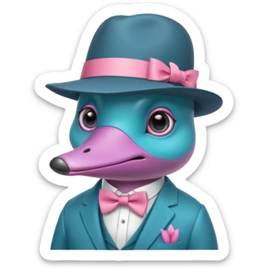 cute light blue turqiouse platypus head, mysterious with very big eyes with a detective hat, no  hands, looks like a platypus but blue, the hat and suit are pink sticker