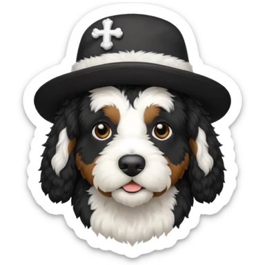A black Bernedoodle with a white chest with a black and white hat that says friars on it sticker