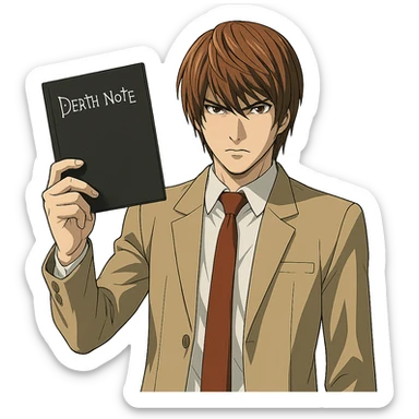 Light Yagami from Death Note, anime style, intense eyes, holding the Death Note up, brown hair, school uniform sticker