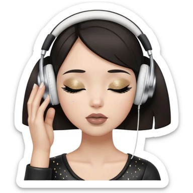 Girl with dark hair, fair skin tone, wearing a black leather top, has glitter on her eyelids, and taupe lipstick, wearing white headphones, her hands are on her ears, and her eyes are close sticker