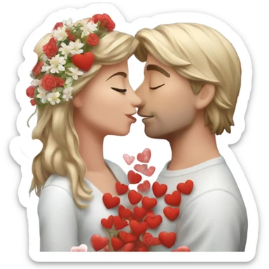 Hyper Realistic Couple kissing surrounded by red hearts and flowers  sticker