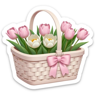 A white Picnic basket with light pink bow, white peonie, tulips sticker