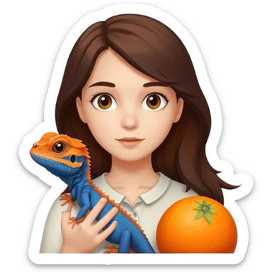 White girl with dark brown hair and teen eyes holding on her hands orange bearded agama sticker