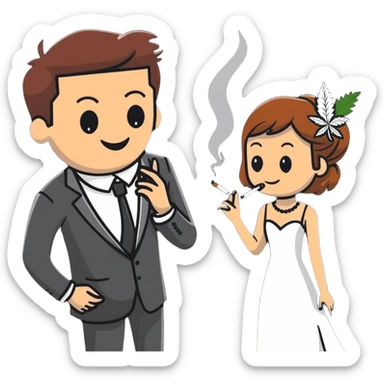 Person in fancy clothes sneaking into a wedding ceremony with a mischievous grin, uninvited guest, smoking cannabis sticker