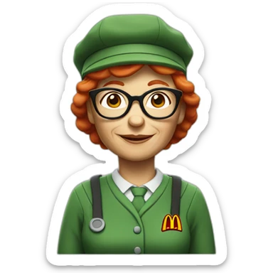 Old lady with red hair and glasses with cap green mcdonalds uniform sticker