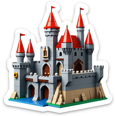 A photorealistic icon featuring a large medieval castle built from LEGO bricks, with detailed textures of the bricks, turrets, and drawbridge. The design captures the creativity and intricacy of LEGO construction with vibrant colors and realistic lighting. Transparent background sticker
