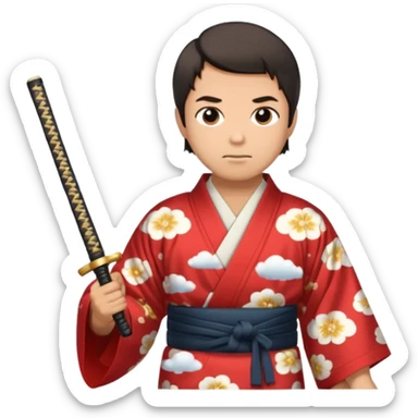 Tan and short haired man in kimono with cloud print holding katana sticker