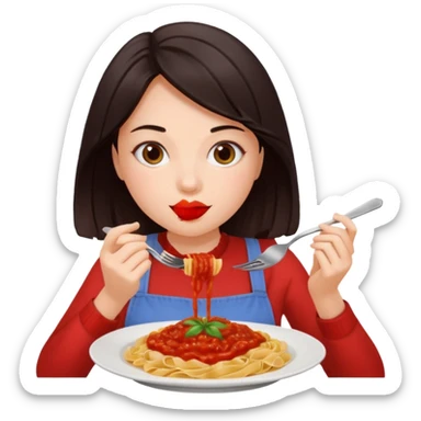 chica joven piel clara y pelo oscuro comiendo un plato de pasta sticker