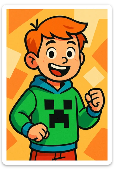boy wearing a Minecraft-themed jumper, vibrant cartoon style sticker