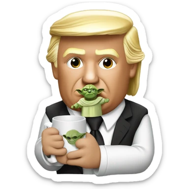 donal trump holding a mug that says i love yoda sticker