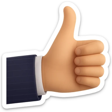 Change the shirt sleeve to navy with a line pattern matching the reference suit style. Keep the hand giving a thumbs up, 60% realistic, with a natural light tan skin tone. Maintain a transparent background. sticker