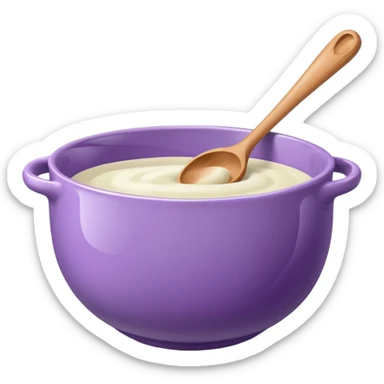 a lilac ceramic mixing bowl with a wooden spoon stirring sticker