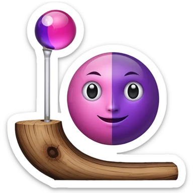 A half pink half purple ball with a face wooden stem followed by a glass stem on top of the wood stem tilted 90 degrees sticker